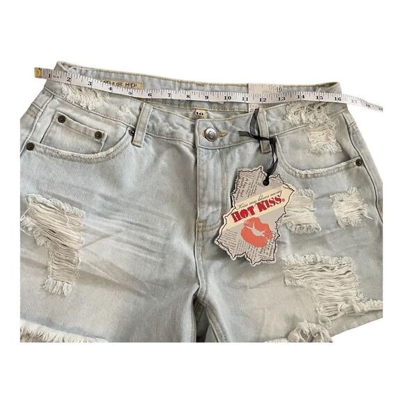 Hot Kiss Mid Rise Midi Ripped Distressed Stone Washed Denim Shorts SZ 10 BNWT - Picture 5 of 10